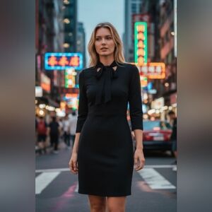 Naoko Elegant Black Strewardess Dress with Bow Detail Sz XS